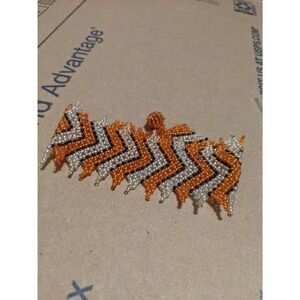 Handmade Seed Bead Chevron Cuff Bracelet Boho Orange Silver Black